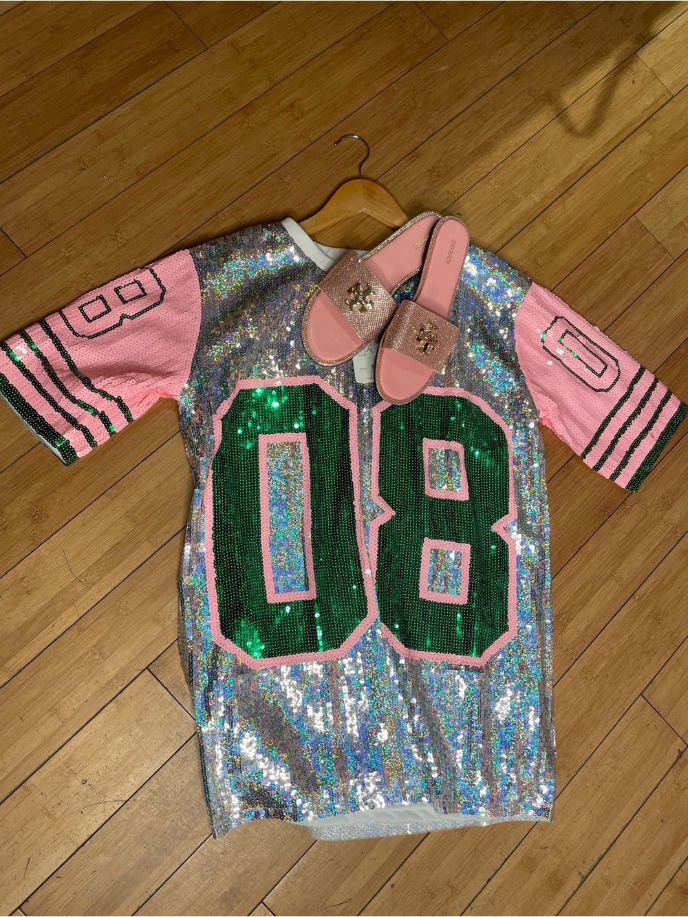 Sequin Football Jersey Top in Pink, Green and Silver